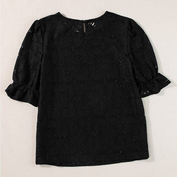 Black Flower Eyelet Jacquard Keyhole Flounce
Sleeve Top Bohemian Blouse - Picture 3 of 9